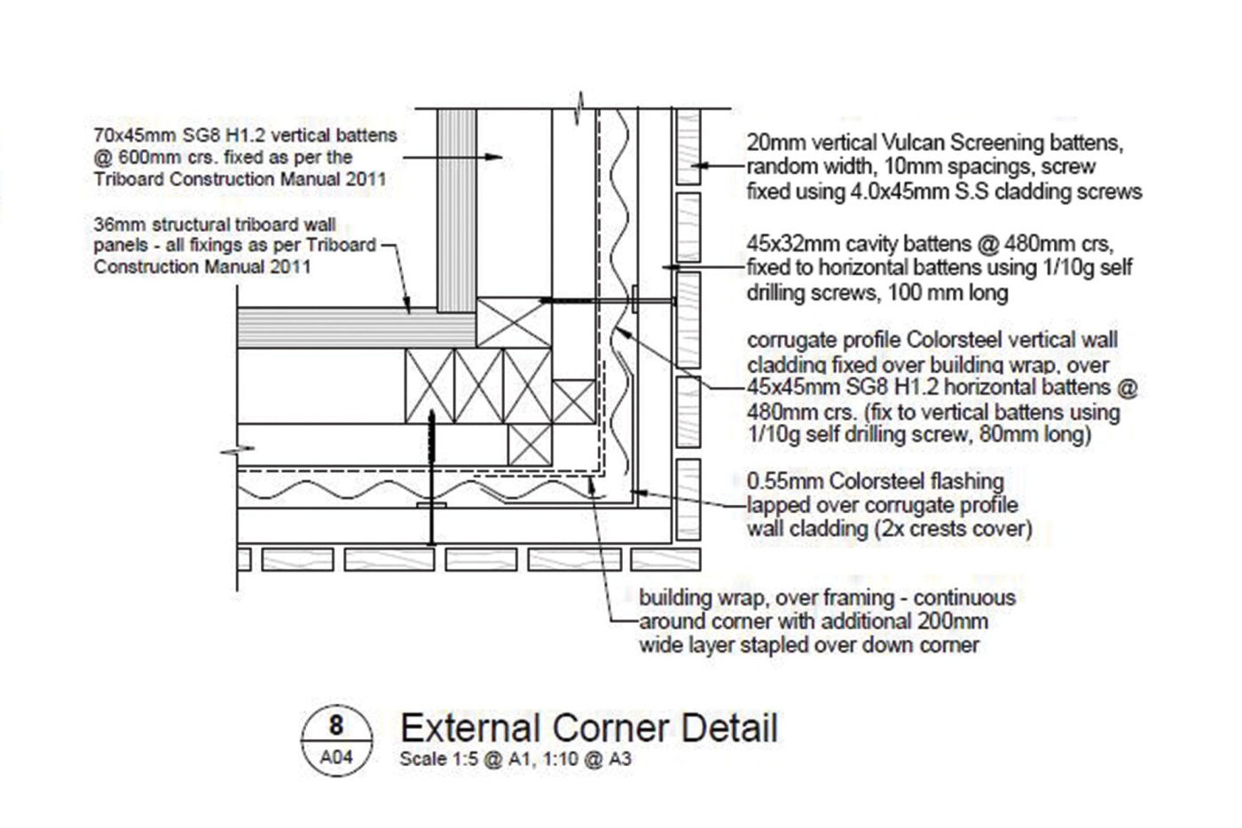 Ventilated timber cladding build-up showing counter-battens and airflow path