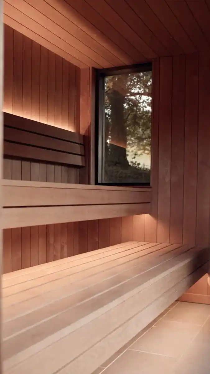 Alder cladding sauna interior UK — full alder lined sauna walls ceiling and bench