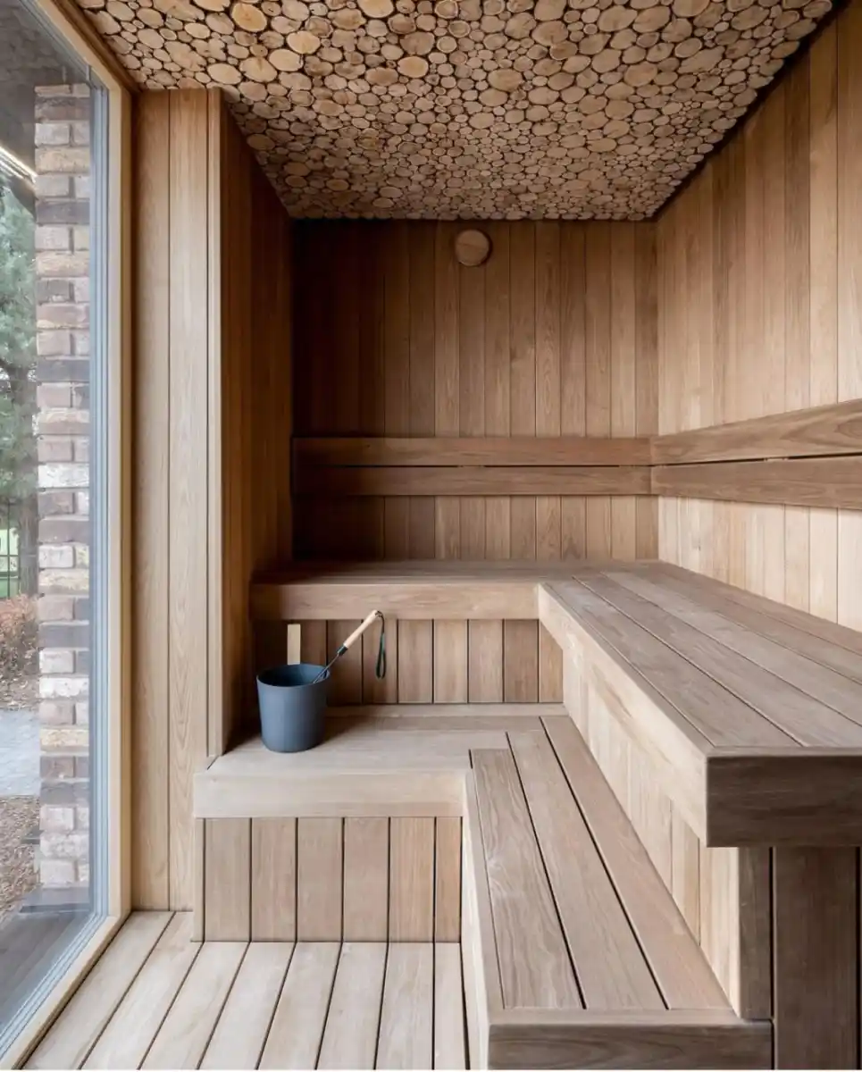 Alder sauna cladding UK — traditional Finnish sauna interior with alder wall and ceiling lining