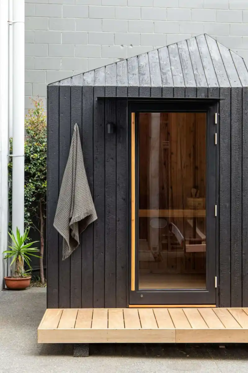 Garden sauna exterior with Shou Sugi Ban charred timber cladding — UK residential project