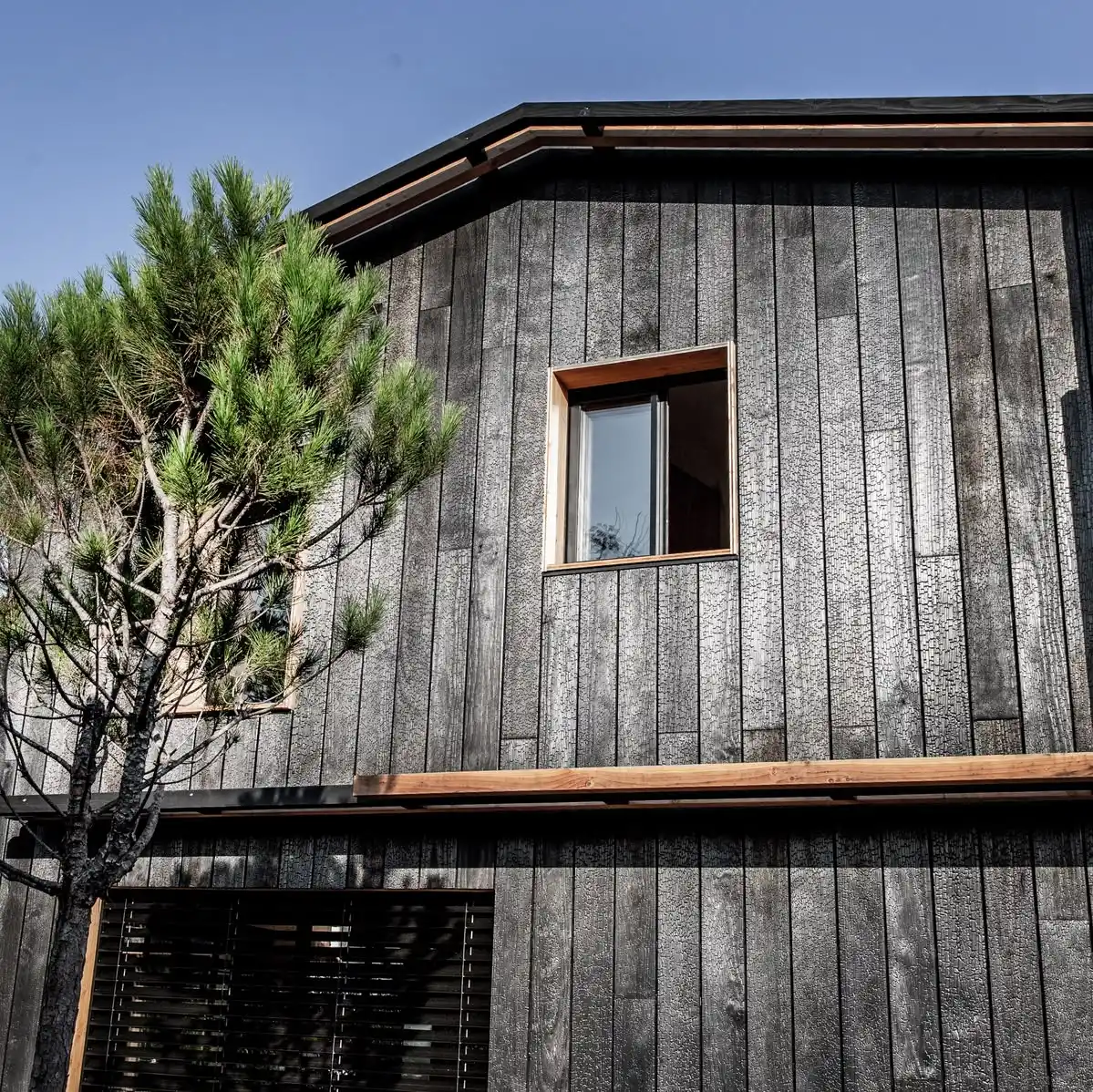 Shou Sugi Ban charred timber cladding on contemporary UK house exterior — deep black finish