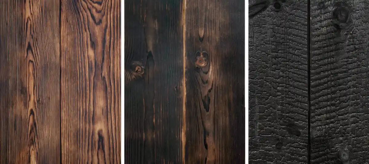 Different levels of charring on timber cladding boards — from light brush char to deep black char