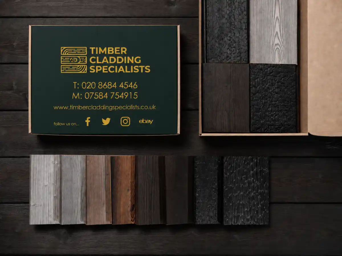 Timber cladding samples UK — Timber Cladding Specialists sample box with larch, ThermoWood, spruce and charred boards