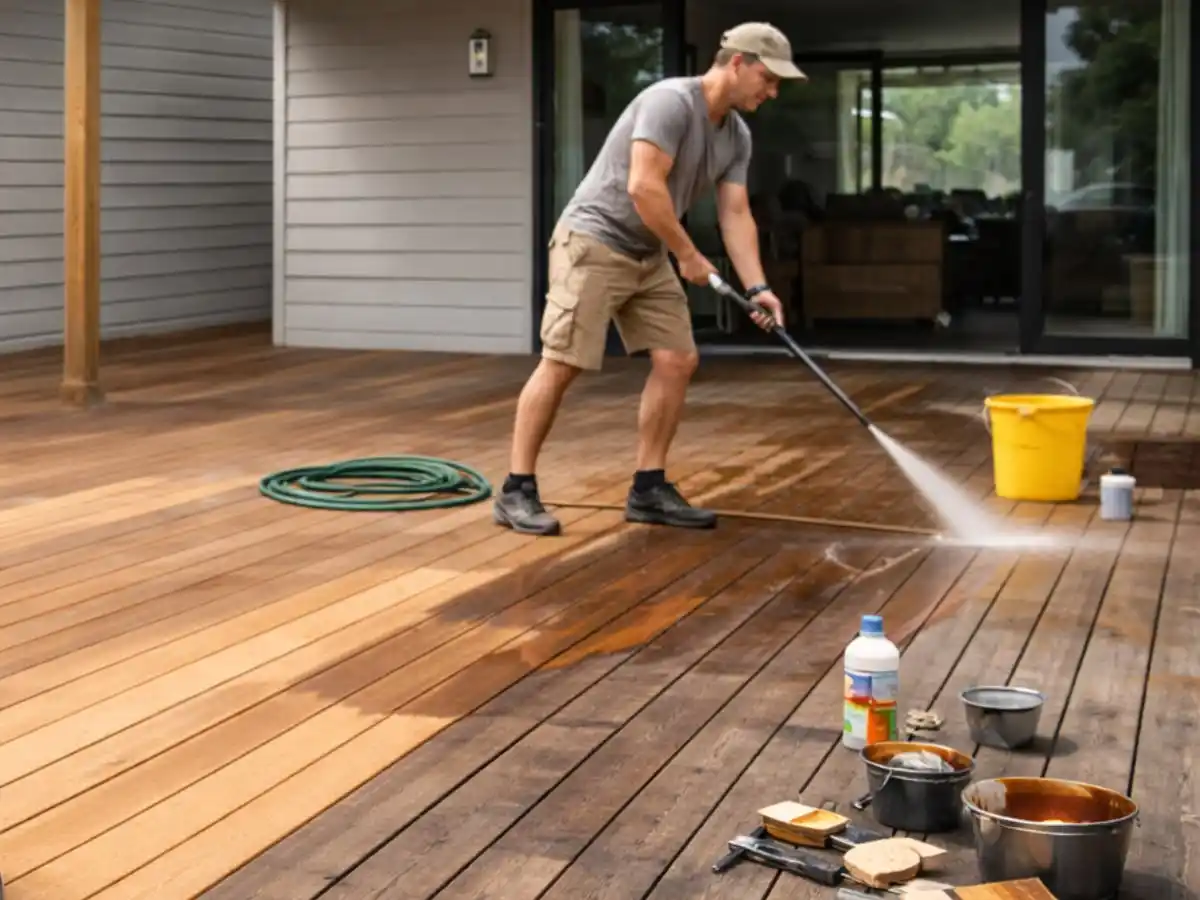 Cleaning timber decking UK — washing down garden deck boards with brush and water